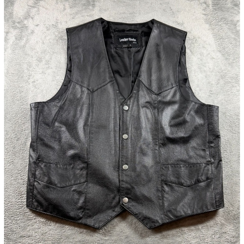 Leather Works USA Black Leather Vest Mens L Western Biker Snap Front